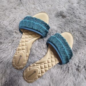 Birdies Women's Teal Sparrow Fringe Slide Sandals Size 8.5